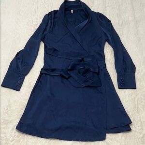 HALARA Navy Wrap Long Sleeve Dress with Self-Tie Waist